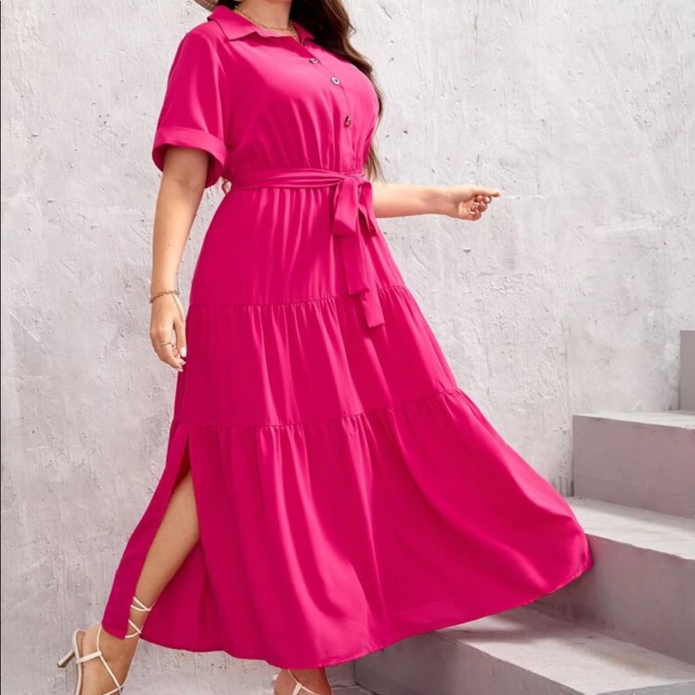 Plus size pink sundress collared maxi